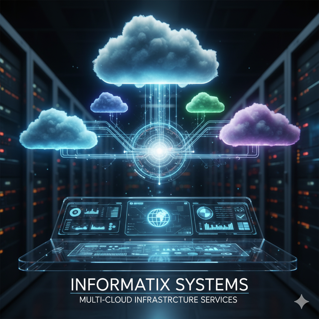 Informatix Systems Multi-Cloud Infrastructure Services logo showcasing integrated cloud networks and digital connectivity across multiple cloud platforms.